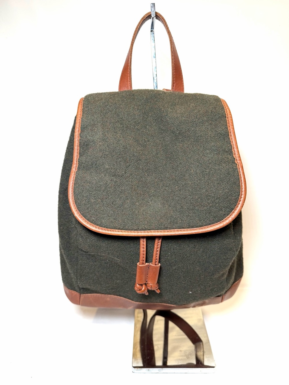 Vintage LL Bean Olive Green Wool Brown Leather Trim Mini Backpack Rare